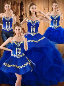 Comfortable Blue Ball Gowns Sweetheart Sleeveless Satin and Organza Floor Length Lace Up Embroidery and Ruffles Sweet 16 Quinceanera Dress