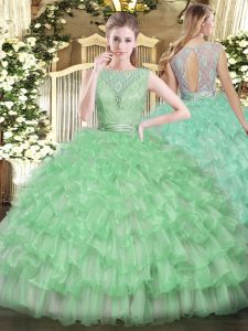 Sexy Apple Green Ball Gowns Beading and Ruffled Layers Quince Ball Gowns Backless Tulle Sleeveless Floor Length