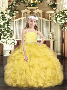 Attractive Gold Ball Gowns Beading and Lace and Ruffles Little Girls Pageant Dress Zipper Organza Sleeveless Floor Length