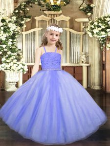 Beautiful Sleeveless Tulle Floor Length Zipper Little Girls Pageant Dress Wholesale in Lavender with Beading and Lace