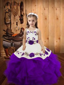 Dazzling Purple Tulle Lace Up Little Girl Pageant Dress Sleeveless Floor Length Embroidery and Ruffles