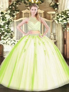 Scoop Sleeveless Quince Ball Gowns Floor Length Beading Yellow Green Tulle