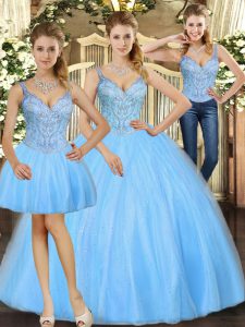 Hot Sale Baby Blue Sleeveless Floor Length Beading Lace Up Sweet 16 Dresses