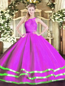 Delicate Fuchsia Tulle Zipper Scoop Sleeveless Floor Length Sweet 16 Quinceanera Dress Lace