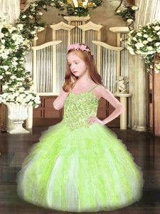 Yellow Green Spaghetti Straps Neckline Appliques and Ruffles Pageant Dress Sleeveless Lace Up