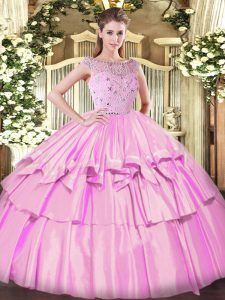 Custom Design Lilac Zipper Bateau Beading and Ruffled Layers Quince Ball Gowns Tulle Sleeveless