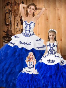 Strapless Sleeveless Sweet 16 Quinceanera Dress Floor Length Embroidery and Ruffles Royal Blue Lace