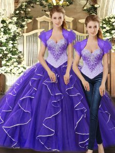 High Quality Purple Tulle Lace Up Straps Sleeveless Floor Length Sweet 16 Quinceanera Dress Beading and Ruffles
