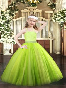 Yellow Green Ball Gowns Straps Sleeveless Tulle Floor Length Zipper Beading and Lace Pageant Dress Womens