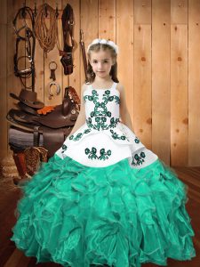 Turquoise Organza Lace Up Straps Sleeveless Floor Length Little Girls Pageant Gowns Embroidery and Ruffles