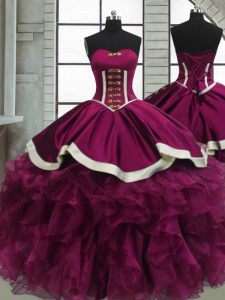 Charming Floor Length Lace Up Quinceanera Dress Fuchsia for Sweet 16 and Quinceanera with Beading and Ruffles