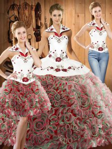 Colorful Multi-color Three Pieces Halter Top Sleeveless Fabric With Rolling Flowers Sweep Train Lace Up Embroidery Sweet 16 Dress
