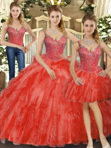 Elegant Red Quinceanera Gowns Military Ball and Sweet 16 and Quinceanera with Beading and Ruffles Straps Sleeveless Lace Up