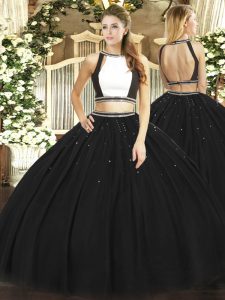 Floor Length Black Quinceanera Dress Halter Top Sleeveless Backless