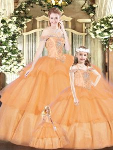 Fashionable Orange Red Ball Gowns Off The Shoulder Sleeveless Tulle Floor Length Lace Up Beading Sweet 16 Dress