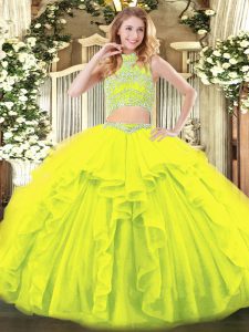 Floor Length Backless 15 Quinceanera Dress Yellow Green for Military Ball and Sweet 16 and Quinceanera with Beading and Ruffles