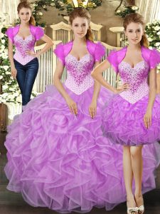 Lilac Sleeveless Floor Length Beading and Ruffles Lace Up 15 Quinceanera Dress