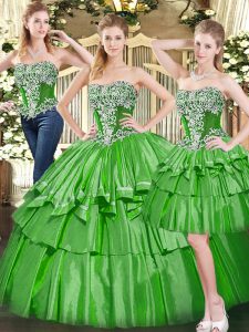 Glittering Floor Length Green Quinceanera Dress Strapless Sleeveless Lace Up
