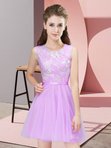 Lilac Scoop Neckline Lace Dama Dress for Quinceanera Sleeveless Side Zipper