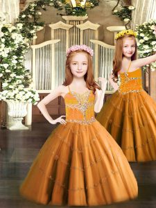 Beautiful Orange Ball Gowns Tulle Spaghetti Straps Sleeveless Beading Floor Length Lace Up Evening Gowns