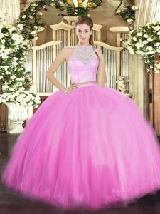 Floor Length Zipper Quinceanera Gown Rose Pink for Military Ball and Sweet 16 and Quinceanera with Lace