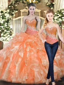 Orange Red Sweet 16 Dress Military Ball and Sweet 16 and Quinceanera with Beading and Ruffles Sweetheart Sleeveless Lace Up
