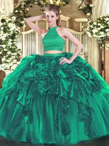 Sleeveless Floor Length Beading and Ruffles Backless Sweet 16 Dresses with Turquoise