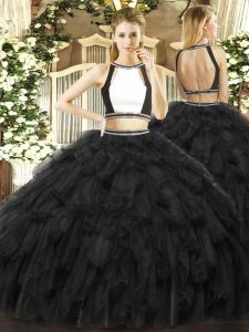 Edgy Ruffles Quince Ball Gowns Black Backless Sleeveless Floor Length