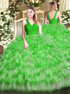 Captivating Green Organza Zipper V-neck Sleeveless Floor Length Vestidos de Quinceanera Ruffled Layers