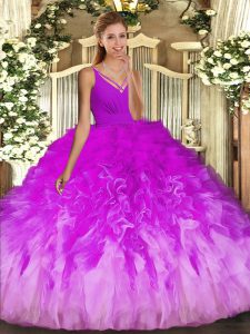 Ball Gowns Quince Ball Gowns Multi-color V-neck Tulle Sleeveless Floor Length Backless