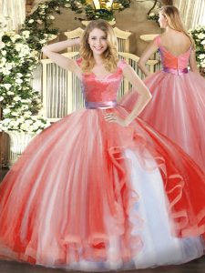 Luxurious Watermelon Red Organza Zipper V-neck Sleeveless Floor Length Sweet 16 Quinceanera Dress Ruffles