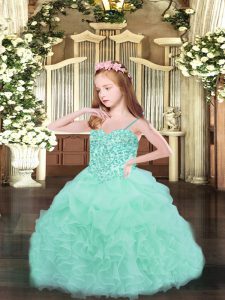 Sleeveless Organza Floor Length Lace Up Custom Made Pageant Dress in Apple Green with Beading and Ruffles and Pick Ups