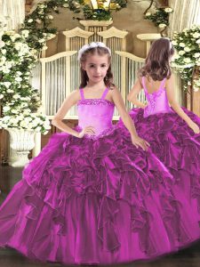 Fuchsia Ball Gowns Organza Straps Sleeveless Appliques and Ruffles Floor Length Lace Up Kids Formal Wear