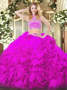 Fuchsia Two Pieces Tulle High-neck Sleeveless Beading and Ruffles Floor Length Backless Quince Ball Gowns