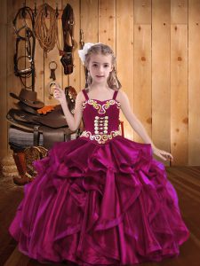 Fuchsia Organza Lace Up Child Pageant Dress Sleeveless Floor Length Embroidery and Ruffles