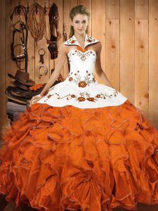 Ball Gowns Sweet 16 Dresses Orange Red Halter Top Satin and Organza Sleeveless Floor Length Lace Up