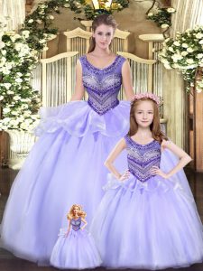 Lavender Ball Gowns Tulle Scoop Sleeveless Beading and Ruching Floor Length Lace Up Quinceanera Gown