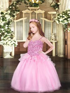 Elegant Pink Spaghetti Straps Lace Up Appliques Child Pageant Dress Sleeveless