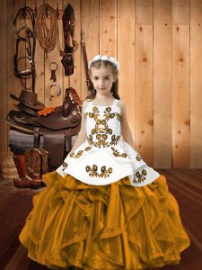 New Style Brown Ball Gowns Embroidery and Ruffles Kids Formal Wear Lace Up Organza Sleeveless Floor Length