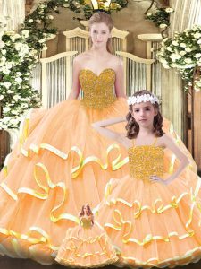 Orange Sleeveless Floor Length Beading and Ruffled Layers Lace Up Quinceanera Gown