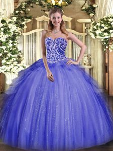 Eye-catching Blue Sleeveless Beading and Ruffles Floor Length 15th Birthday Dress