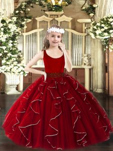 Stylish Wine Red Zipper Little Girl Pageant Gowns Beading and Ruffles Sleeveless Floor Length