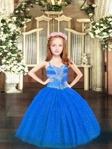Tulle Spaghetti Straps Sleeveless Lace Up Beading Little Girls Pageant Dress in Blue