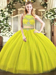 Olive Green Zipper Scoop Beading Ball Gown Prom Dress Tulle Sleeveless