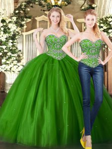 Glittering Dark Green Sleeveless Beading Floor Length Quince Ball Gowns