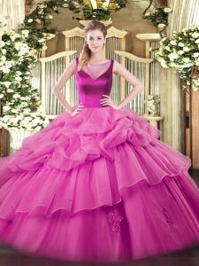 Lilac Ball Gowns Scoop Sleeveless Organza Floor Length Side Zipper Beading and Appliques Quinceanera Dresses