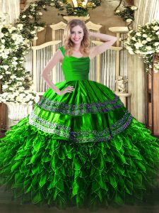 Green Zipper Straps Beading and Lace and Ruffles Ball Gown Prom Dress Organza Sleeveless