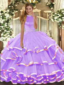 Edgy Lavender Ball Gowns Beading and Ruffled Layers Quinceanera Gown Backless Organza Sleeveless Floor Length