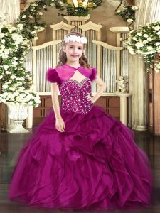 Stylish Fuchsia Lace Up Glitz Pageant Dress Beading and Ruffles Sleeveless Floor Length