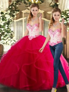Vintage Organza Sweetheart Sleeveless Lace Up Beading and Ruffles Sweet 16 Quinceanera Dress in Hot Pink